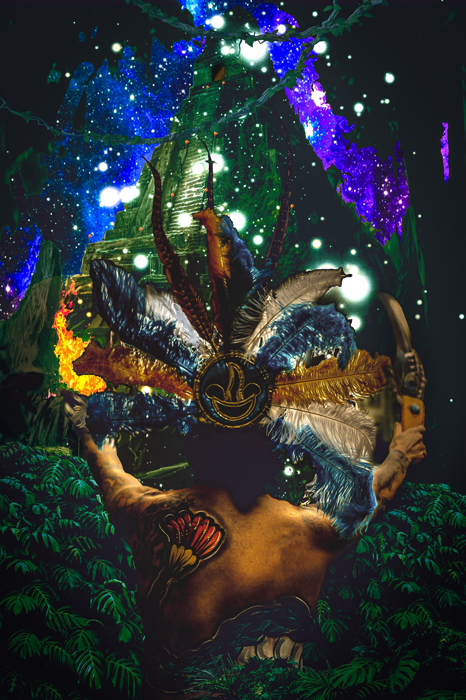 Mundo on a festival stage under cosmic light — the body in full motion.